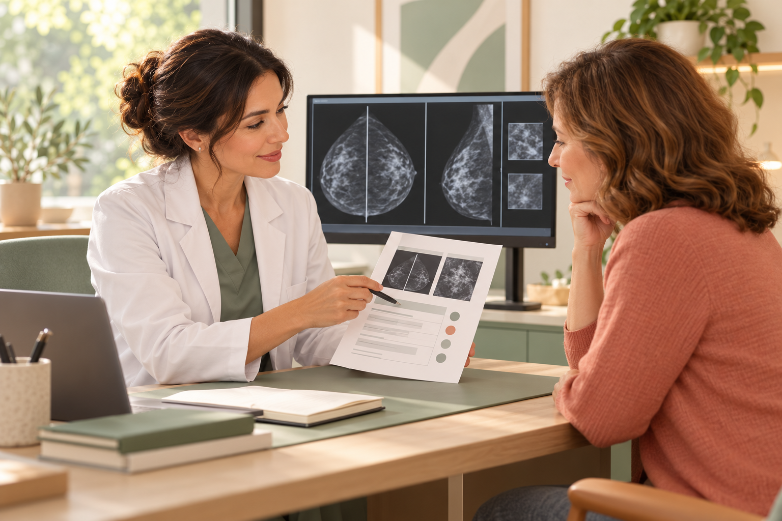Una radiologa e una paziente consultano insieme un referto di diagnostica per immagini.